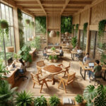 Solara Live Edge Cafe Table with Teak Chair Rattan Seat Back Rest Design indoor cafe workspace natural wood furniture