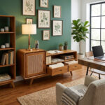 Sora Split Level Teak Credenza made from teak wood with natural rattan accents in a modern Japandi home office featuring sage green walls, botanical wall art, wooden shelving, and warm natural lighting.