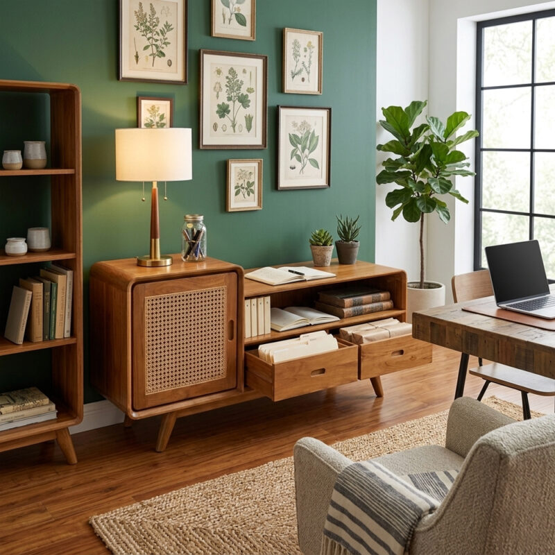 Sora Split Level Teak Credenza made from teak wood with natural rattan accents in a modern Japandi home office featuring sage green walls, botanical wall art, wooden shelving, and warm natural lighting.
