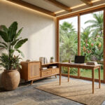 Sora Split Level Teak Credenza with natural rattan detailing in a tropical minimalist workspace, paired with a wooden desk, large tropical plants, expansive glass windows, and an elegant natural modern interior.