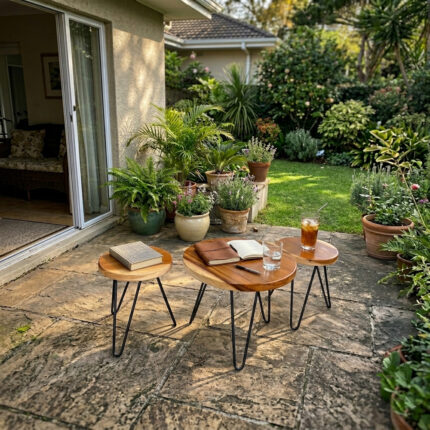 Minimalist Suar Wood Round Coffee Table Set with Hairpin Legs Natural Finish Living Room Furniture Stable Design
