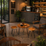 minimalist suar wood coffee table set with hairpin legs used in modern cafe interior design setting