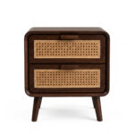 Front view of a Teak Wood Weave Bedside table with 2 drawers featuring woven rattan inserts and a dark walnut finish on a white background.