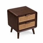 Perspective high-angle view of a walnut-finished teak wood bedside cabinet with two drawers and natural weave textures, showcasing the smooth top surface