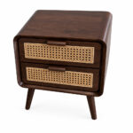 Side perspective of a solid teak wood 2-drawer bedside table with elegant tapered legs and woven cane drawer fronts in a rich walnut finish