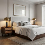 A close-up view of two matching Teak Wood Weave Bedside 2 Drawer tables in a beautifully appointed bedroom. Each nightstand features a walnut finish and rattan weave drawer fronts. They sit on either side of a large bed, adorned with metallic table lamps that provide warm light. A textured rug is visible at the foot of the bed.