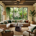 Walnut-stained Orbita Suar wood coffee table with a drum base in a sunlit tropical lounge featuring rattan sofas and lush garden views
