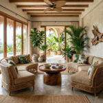 Orbita Suar wood coffee table with a drum base styled in a luxury tropical villa living room with rattan sofas and palm plants