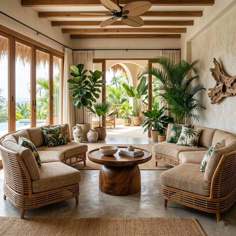 Orbita Suar wood coffee table with a drum base styled in a luxury tropical villa living room with rattan sofas and palm plants