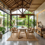 Solid teak wood Arch Leg Dining Set placed on a jute rug inside a luxury tropical villa with high exposed wooden ceilings, large glass doors overlooking a swimming pool, and lush green plants