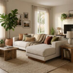 Beige Aruna L-Shape sectional sofa styled with earth-tone throw pillows and a knit blanket in a cozy aesthetic living room with wooden flooring