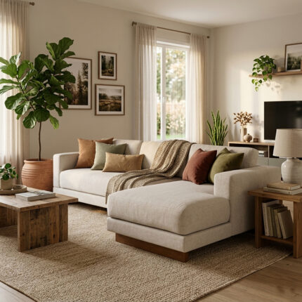 Beige Aruna L-Shape sectional sofa styled with earth-tone throw pillows and a knit blanket in a cozy aesthetic living room with wooden flooring