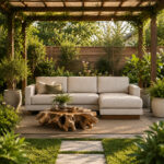 Aruna L-Shape Sofa arranged under a lush wooden garden pergola, complemented by an organic suar wood slab coffee table