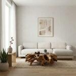 Modern Japandi style living room showcasing the cream Aruna L-Shape Sofa, a statement live-edge root coffee table, and abstract wall art