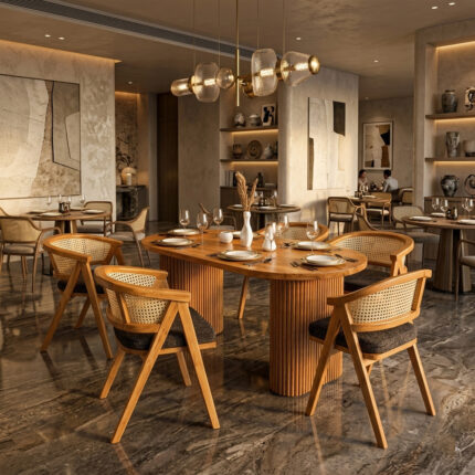 Commercial restaurant setup showcasing the Ellisse Slat Pillar Teak Rattan Dining Set with elegant tableware and warm ambient lighting