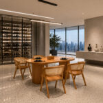 Luxurious apartment dining area featuring the Ellisse Slat Pillar Teak Rattan Dining Set set against a large wine cellar display and a beautiful city skyline view