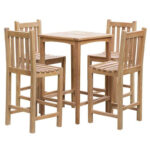 5-piece Laguna natural teak outdoor bar set featuring a square wooden table and four high chairs