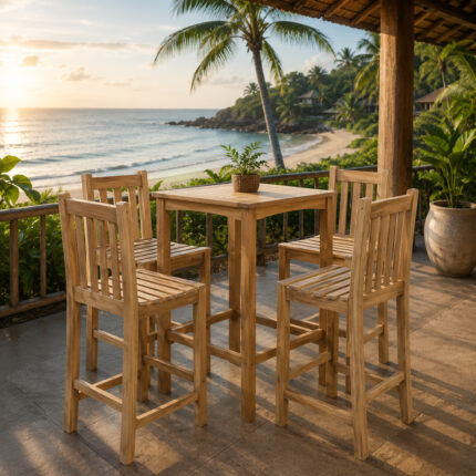 Laguna natural teak bar set with four high chairs on a tropical villa terrace overlooking the ocean at sunset