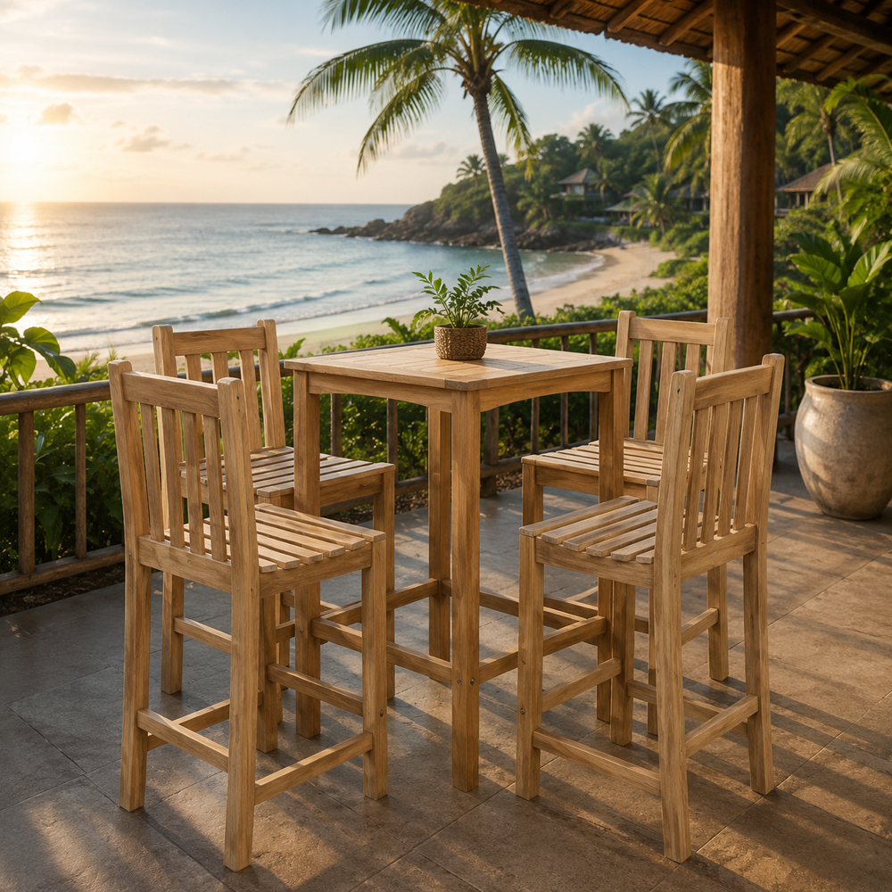 Premium Teak Wood Outdoor Bar Set - Tropical Ocean View Dining Laguna natural teak bar set with four high chairs on a tropical villa terrace overlooking the ocean at sunset