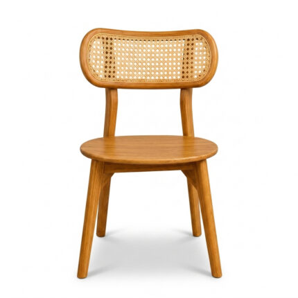 Peanut Teak Rattan Dining Chair in natural finish, front view showing the peanut-shaped backrest and woven rattan cane webbing