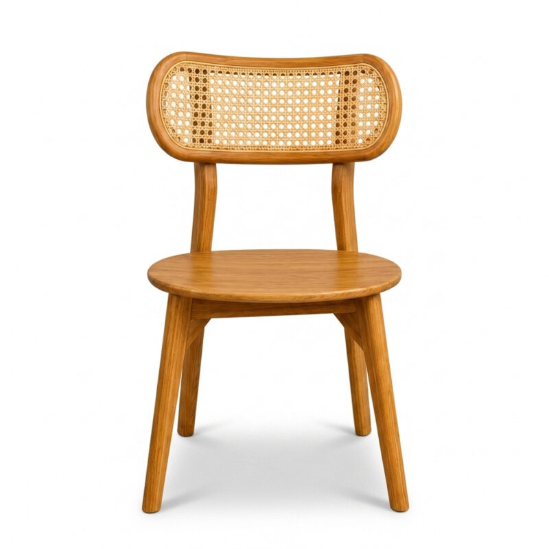 Peanut Teak Rattan Dining Chair in natural finish, front view showing the peanut-shaped backrest and woven rattan cane webbing