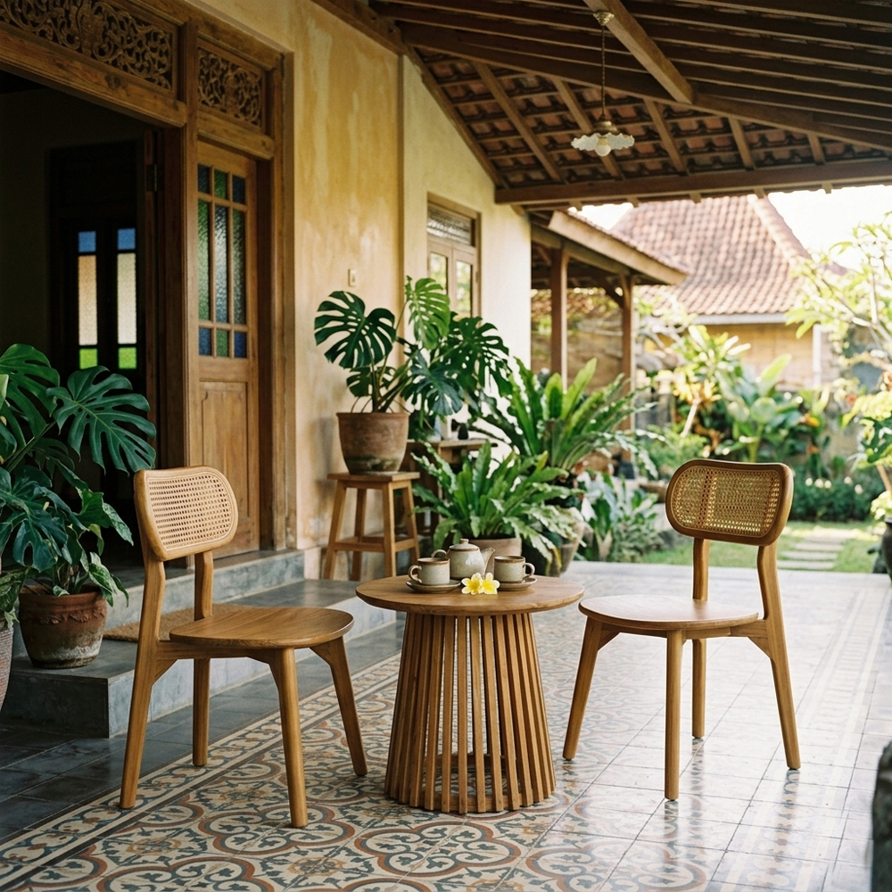 tropical-terrace-cafe-seating-teak-rattan-chairs Two Peanut Teak Rattan Chairs with a matching round wooden coffee table styled on a traditional tropical patio or cafe terrace with lush green plants