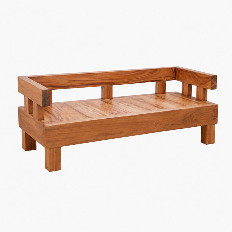 A Chunky Solid Suar Wood Bench with Backrest, featuring a robust, heavy-block design made from solid Suar (Trembesi) wood. The bench showcases prominent natural wood grain and is positioned against a clean white background, providing a detailed view of its front and side profile