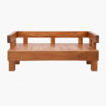 A direct, symmetrical front-on view of the Chunky Solid Suar Wood Bench with Backrest. This perspective emphasizes the thick timber sections of the seat and backrest, and the sturdy placement of the bench legs, set against a plain white background