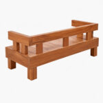 A photo taken from a three-quarter rear angle, showing the substantial backrest structure of the Chunky Solid Suar Wood Bench with Backrest. The image highlights the natural Suar wood grain and the overall construction from behind, set against a clean white background.
