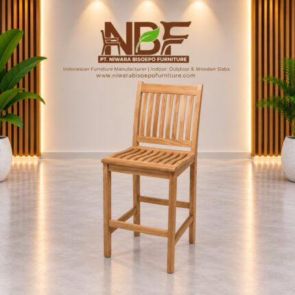 Agni teak classic slat bar chair in furniture showroom
