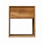 Aura solid teak bedside table with drawer and open shelf front view