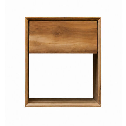 Aura solid teak bedside table with drawer and open shelf front view
