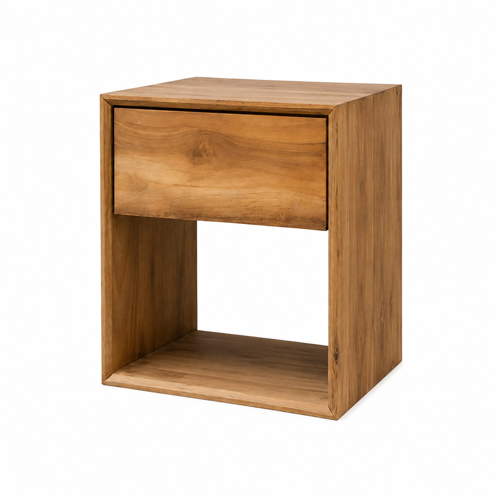 Aura Solid Wood Bedside Table Aura solid teak bedside table with drawer and open lower shelf three quarter view