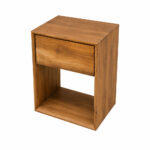 Solid teak nightstand with drawer and open shelf shown from top angle