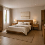 Aura teak bedside tables with drawers and open shelves in modern bedroom setting