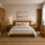 Pair of Aura solid teak bedside tables with drawers in minimalist bedroom interior