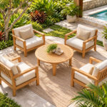 Bagong teak outdoor coffee table with teak lounge chairs