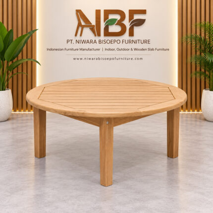 Bagong teak round outdoor coffee table in furniture showroom