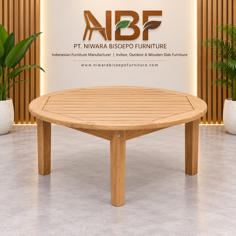 Bagong Teak Round Outdoor Coffee Table NBF Studio Bagong teak round outdoor coffee table in furniture showroom