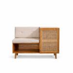 Calista solid teak rattan storage bench with upholstered seat and cabinet front view