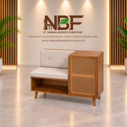 Calista teak rattan storage bench cabinet with upholstered seat in NBF studio