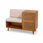 Teak rattan storage bench with open shelf upholstered seat and cabinet three quarter view