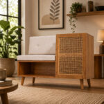 Calista teak rattan storage bench cabinet in modern natural living room interior