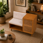 Teak rattan upholstered storage bench with cabinet and open shelf in Japandi interior