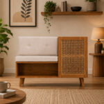 Calista solid teak storage bench with rattan cabinet and upholstered seating in living room