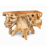 Handcrafted solid teak root console table with unique natural grain