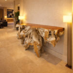 Teak root console table for hotel lobby and hospitality interior