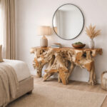 Natural teak root console table as sculptural bedroom accent furniture