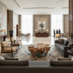 Teak root coffee table centerpiece in modern hotel lobby lounge