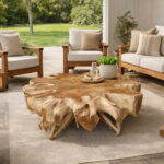 Dhifa sculptural teak root coffee table in contemporary patio lounge